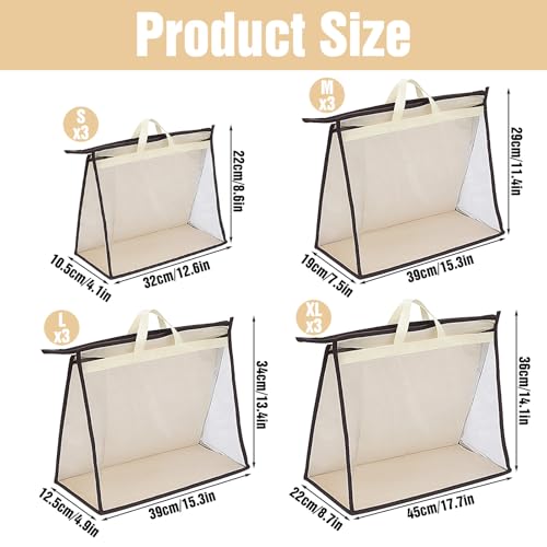 12 Pack Beige Handbag Purse Storage Organizer for Closet, 4 Sizes Clear Hanging Dust Bags Cover with Zipper and Handle, Closet Purse Protector Bags