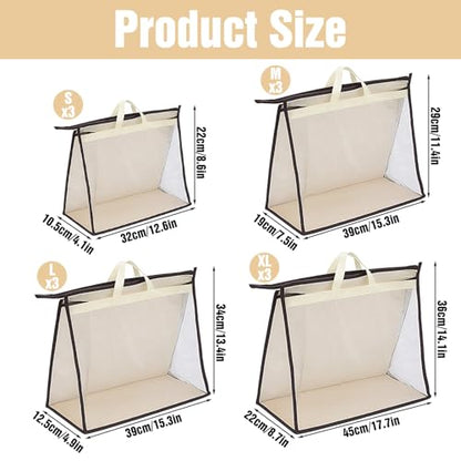 12 Pack Beige Handbag Purse Storage Organizer for Closet, 4 Sizes Clear Hanging Dust Bags Cover with Zipper and Handle, Closet Purse Protector Bags