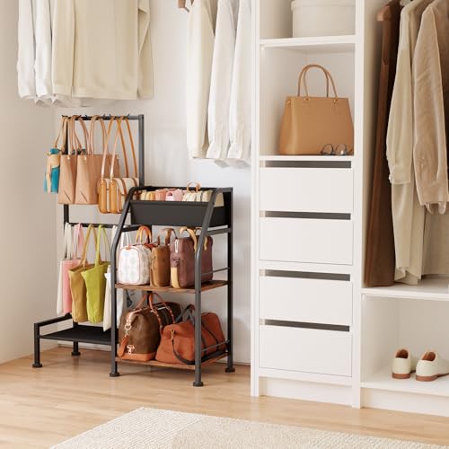 Purse Organizer for Closet - Purse Rack Stand with 12 Hooks, 2 Wooden Shelves Purse Storage for Closet, Large Capacity Backpack Storage, Handbag Organizer for Home, Living Room, Black