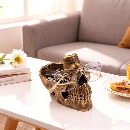 Buminee Glasses Holder for Nightstand, Creative Glasses Stand, Skull Glasses Holder, Skull Resin Sculpture for Home, Office - Bronze