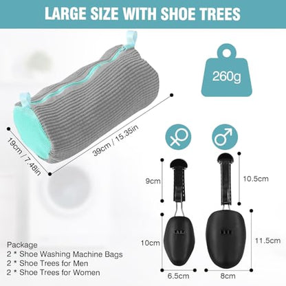 Shoe Washing Machine Bag with Adjustable Shoe Trees for Sneakers | 2 Pack Shoe Laundry Bags for Tennis Shoes, XXL Size, 4 Shoe Trees for Men & Women, Sturdy Zipper Hook, Premium Box Packaging