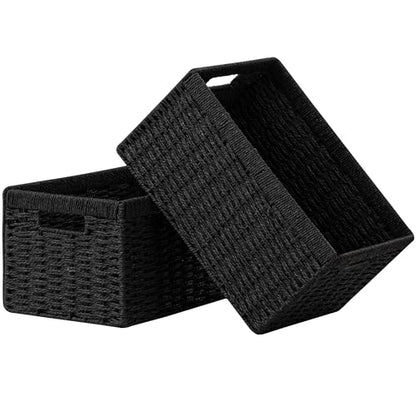 UBBCARE 2 Pack Wicker Basket, 13.4L×8.3H×7.1W inch Woven Paper Rope Storage Baskets for Shelves, Foldable Rectangular Storage Baskets with Handle, Storage Basket for Organizing, Black