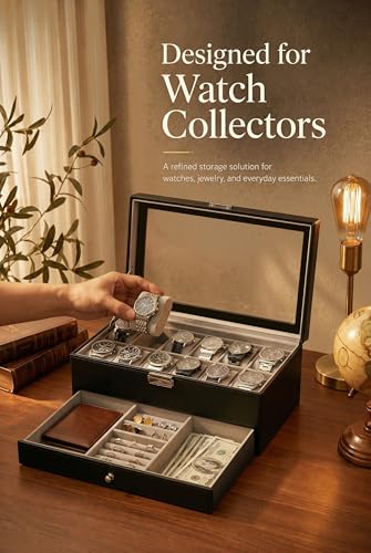 GUKA Watch Box Organizer for Men Gift, 12 Slot Watch Case with Glass Lid, 2 Tier Leather Watch Display Storage Box for Watches, Jewelry, Rings, Sunglasses & Accessories