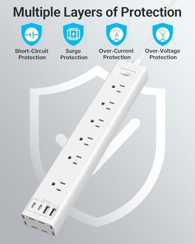 360° Mountable Surge Protector Power Strip with 4 USB Ports (2 USB C), 6 FT Electrical Outlet & Flat Plug Extension Cord for Under Desk, Wall, or Corner Mount (White)
