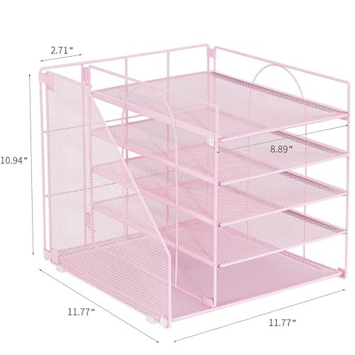 Desk Organizers and Accessories, 5-Tier Paper Letter Tray Organizer with File Holder, Desktop Organizer for Office Supplies (Pink)