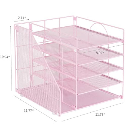 Desk Organizers and Accessories, 5-Tier Paper Letter Tray Organizer with File Holder, Desktop Organizer for Office Supplies (Pink)