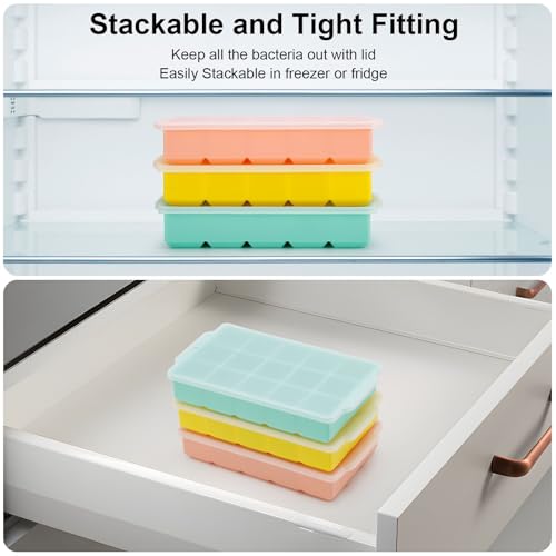 Reespring Silicone Ice Cube Tray, Ice Tray for Freezer with Lid, 3 Pack Ice Cube Trays for Freezer with 45 Flexible Easy Release Ice Trays