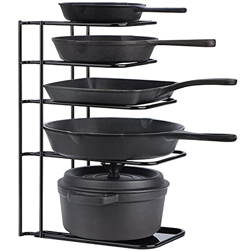 Toplife Heavy Duty Pan Organizer, 5 Tier Pot and Pan Organizer Rack for Cast Iron Skillets, Griddles and Pots - Sturdy Steel Construction- No Assembly Required - Black