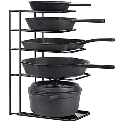 Toplife Heavy Duty Pan Organizer, 5 Tier Pot and Pan Organizer Rack for Cast Iron Skillets, Griddles and Pots - Sturdy Steel Construction- No Assembly Required - Black