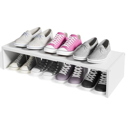 Cidaziya Expandable 1 Tier Shoe Rack for Shoe Cabinet, 1 Tier Stackable White Shoe Shelf Organizer for Closet, Sturdy Metal and Wood Structure, Hold 4-6 Pairs of Shoes
