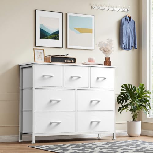 Dresser for Bedroom with 7 Drawers, Anti-Tip Fabric Storage Tower | Organizer Unit with Wood Top and Metal Frame, Organizer for Clothes, Closet, Entryway, Furniture, White