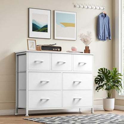Dresser for Bedroom with 7 Drawers, Anti-Tip Fabric Storage Tower | Organizer Unit with Wood Top and Metal Frame, Organizer for Clothes, Closet, Entryway, Furniture, White