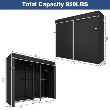 E12C Pro Heavy Duty Closet Organizer System，Freestanding Clothing Rack, Adjustable Garment Rack 71" W x 16" D x 76.5" H Holds 960 lbs, Black Rack with Black Dustproof Cover