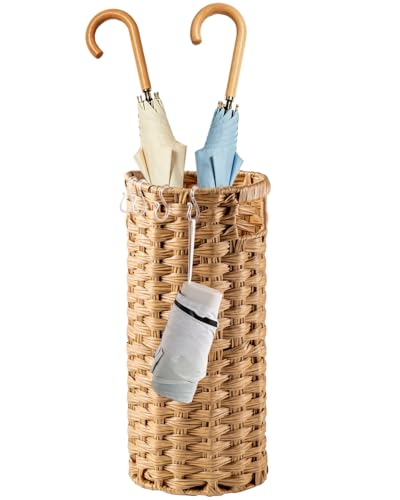 Rattan Umbrella Stand for Entryway,Hand-Woven Umbrella Holder Indoor with Doormat, Removable Drip Tray & 4 Hooks,Waterproof Umbrella Storage Basket