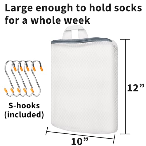 5Pcs Hanging Laundry Bags for Socks with S Hooks,12 X 10 inch 5 Color Mesh Laundry Bags for Washing Machine