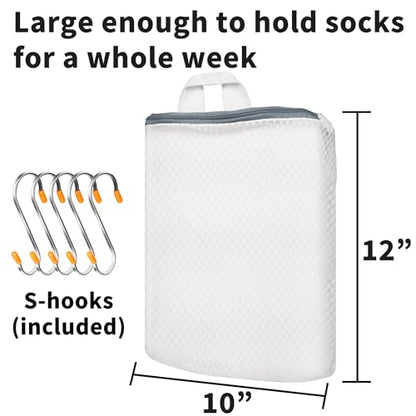 5Pcs Hanging Laundry Bags for Socks with S Hooks,12 X 10 inch 5 Color Mesh Laundry Bags for Washing Machine