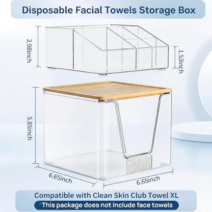 Disposable Facial Towel Holder, 2 Tier Cosmetic Storage Organizer Box | Clear box with Bamboo Lid Compatible with Clean Skin Club Towel XL, Skincare Organizer for Vanity Bathroom Countertop, 1 Pack