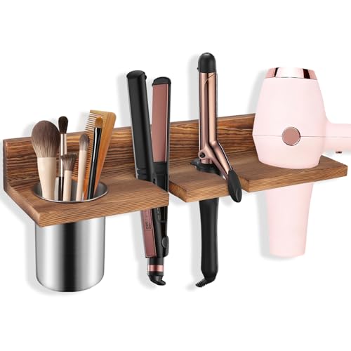 Hair Tool Organizer for Bathroom – Wall Mounted Hair Dryer Holder with Heat-Resistant Cups, Curling Iron & Straightener Rack, Blow Dryer Organizer for Vanity or Wall (Brown)