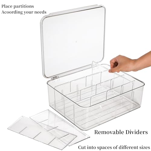 Adjustable Sock Underwear Drawer Organizer Dividers, 16 Grid Clear Tea Bag Holder with Lid, Removable Divided Tie Organizer Box, Plastic Storage Bin for Scarves Bras
