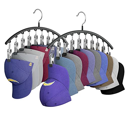 Yecuip Hat Hangers for Closet,Hat Organizer Racks for Base Ball Caps 2 Pack | Metal Door Hats Racks for Baseball Cap with 10 Large Clips, Baseball Hat Holder for Closet Storage, Fits All Cap-Black