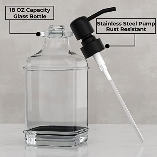 2 Pack Soap Dispenser, 18 Oz Antique Design Thick Glass Hand Dispensers; with 304 Rust Proof Stainless Steel Pump, 6Pcs Clear Stickers, for Kitchen, Bathroom- Black