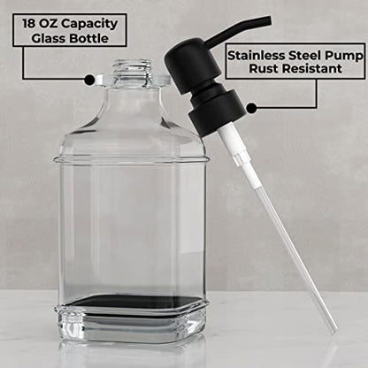 2 Pack Soap Dispenser, 18 Oz Antique Design Thick Glass Hand Dispensers; with 304 Rust Proof Stainless Steel Pump, 6Pcs Clear Stickers, for Kitchen, Bathroom- Black