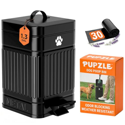 Pupzle Dog Poop Trash Can Outside, 1.3 Gal Outdoor Dog Poop Trash Can | Metal, Waste Container with Pedal, Garbage Poop Bin, Poo Bucket Outdoor with Lid for Backyard Odor Control, 30 Bags