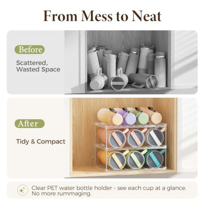 LAMU Stackable Water Bottle Organizer Holder Tumbler Cup Storage Rack | 3 Tier Clear PET Holder for Stanley 16-40oz Large Water Bottle Tumbler Cup Storage for Kitchen Cabinet Pantry Countertop