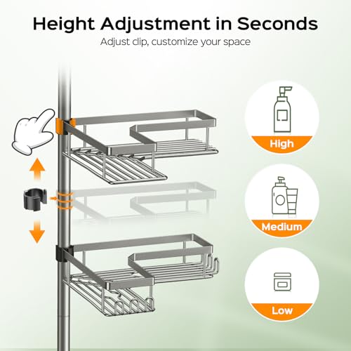 HAMITOR Shower Organizer Tension Pole: 4 Tier L-Shaped Corner Bath Shelf | Rustproof Corner Caddy with Soap Holder & Hooks, No-drill Adjustable Bathroom Rack for Apartment, Small Spaces, 47-123In