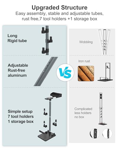Cordless Vacuum Stand, Height-Adjustable Stick Vacuum Standing Dock Station, 7 Accessory Holders Attachments Organizer and Storage Box (Max. 1.8" Vac Wand)