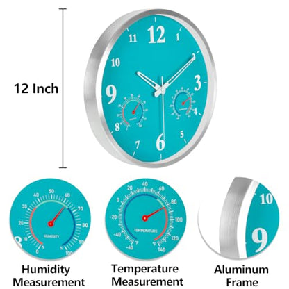 Outdoor Clock Waterproof with Thermometer and Hygrometer Combo 12 Inch Blue | Outdoor Metal Aluminum Frame Wall Decor Garden Patio Pool