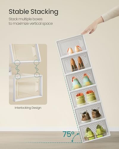 SONGMICS Shoe Boxes, Pack of 12 Shoe Storage Organizers, Stackable Clear Plastic Boxes for Closet, Sneakers, 13.1 x 9.1 x 5.6 Inches, Transparent and White ULSP12SWT