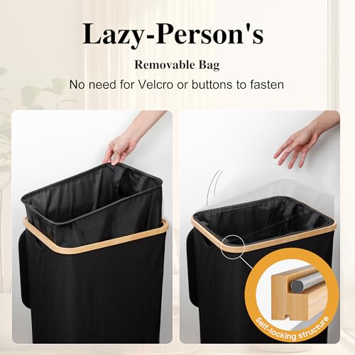 Foluck 100L Laundry Hamper with Lid Removable Bag and Bamboo Handles | Waterproof Self-locking Inner Bag, 3 Different Handles, 600D Cationic Cloth, for Dorm Bedroom Bathroom