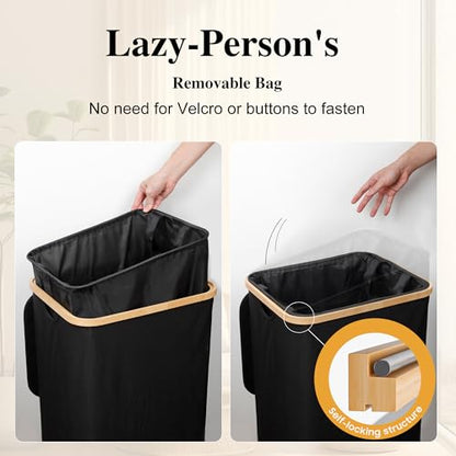 Foluck 100L Laundry Hamper with Lid Removable Bag and Bamboo Handles | Waterproof Self-locking Inner Bag, 3 Different Handles, 600D Cationic Cloth, for Dorm Bedroom Bathroom