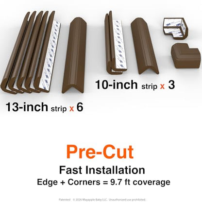 Roving Cove PreFit Fireplace Edge Corner Protector, Extra-Wide 9ft Edge 2 Corners, Pre-Taped 3M Adhesive, Baby Proofing Bumper Guards, Coffee Brown