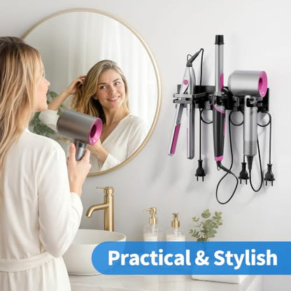 Hot Hair Tool Organizer Wall Mount with Plug & Cord Storage, Black | Blow Dryer Holder, Metal Hair Straightener Curling Iron Flat Iron Rack, Heat Resistant Hair Dryer Holder for Bathroom , Salon