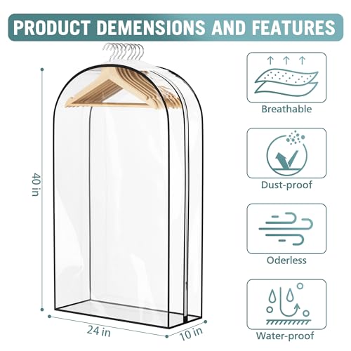 Liuoud Clear Garment Bags for Hanging Clothes 10” Gusseted, 4 Pack, 40” | Suit Bags for Closet Storage with Large Metal Zipper, Breathable odorless Hanging Plastic Clothes Cover for Coat Dress Fur