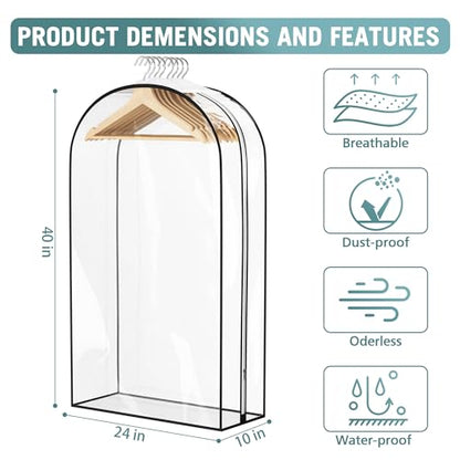 Liuoud Clear Garment Bags for Hanging Clothes 10” Gusseted, 4 Pack, 40” | Suit Bags for Closet Storage with Large Metal Zipper, Breathable odorless Hanging Plastic Clothes Cover for Coat Dress Fur