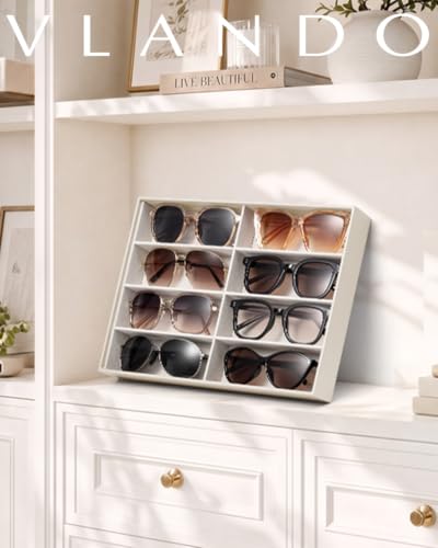 VLANDO Sunglasses Organizer,Stackable Jewelry Tray for Glasses,Beige | Removable Dividers, Soft Velvet Lining, Drawer Organizer for Glasses, Watches, Vanity Display, Gift for Women Girl