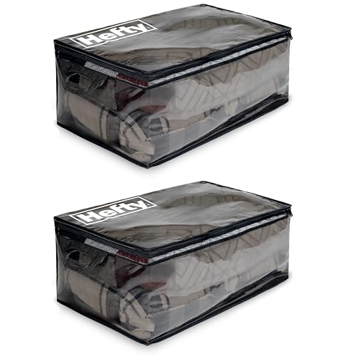 Hefty Storage Bags Extra Large Double Zipper Backpack, Heavy Duty Water Resistant Moving Totes with Shoulder Straps, Foldable Reusable Packing Organizers, 2 Pack (X-Large Black)