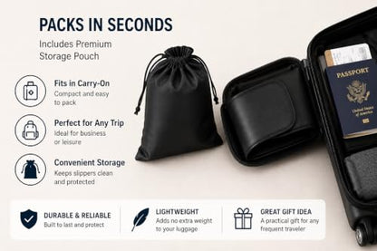 Premium Travel Slippers for Men, Foldable PU Leather Indoor Shoes with Storage Pouch, Non-Slip Portable Hotel & Airplane Slippers, Wipe-Clean Business Travel House Shoes, Black, Fits Up to US Men's 11