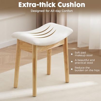 Square Linen Makeup Stool Small Ottoman Stool Chair for Vanity, Modern Padded Seat Foot Rest for Makeup Room, Bathroom (Classic-Beige)