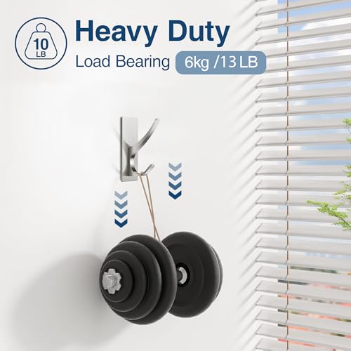 10 Pack Self Adhesive Towel Hooks: Extra Strong 13LB, Stainless Hook for Hanging Loofah, Towels, Coat, Bath Robe Bathroom Shower, Brushed Nickel