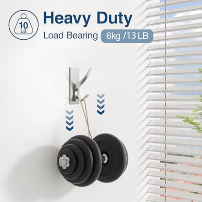 10 Pack Self Adhesive Towel Hooks: Extra Strong 13LB, Stainless Hook for Hanging Loofah, Towels, Coat, Bath Robe Bathroom Shower, Brushed Nickel