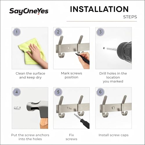 Coat Rack Wall Mount – Brushed Nickel 17 Inch Stainless Steel Hook Rail with 6 Heavy Duty Double Coat Hooks – Wall Mounted Coat Hanger for Entryway, Bathroom, Bedroom, Towel, Hat Organizer