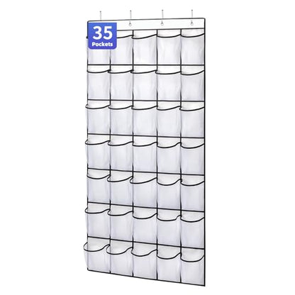 35 Pockets Over the Door Shoe Organizer, Hanging Shoe Organizer for Door with 35 Mesh Pockets Large Capacity Shoe Hanging Storage Bag with 4 Metal Hooks (White-1Pack)