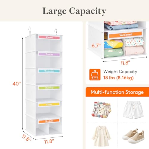 Lifewit 6 Shelf Weekly Hanging Clothes Storage Organizer for Kids, White | Closet Storage with Color Labels for School Outfits, Daily Clothing Divider with Days of The Week Monday to Friday Weekend