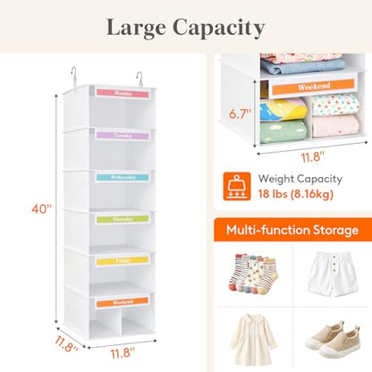 Lifewit 6 Shelf Weekly Hanging Clothes Storage Organizer for Kids, White | Closet Storage with Color Labels for School Outfits, Daily Clothing Divider with Days of The Week Monday to Friday Weekend