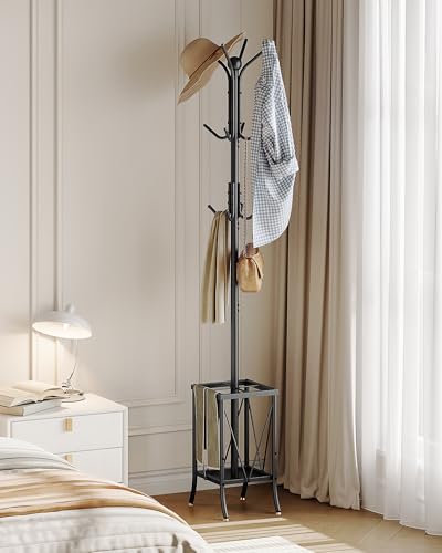 Coat Rack Freestanding, Coat Rack with Umbrella Holder, Entryway Hanger Stand with12 Hooks, Metal Hall Tree for Bags, Coats, Hats, Entryway, Hallway, Living Room, Bedroom, Office Black TYM01BB