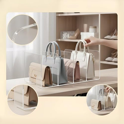 2 Pack Acrylic Purse Organizer for Closet, 8-Slot Bag & Purse Organizer, No Assembly, Clear Handbag Storage Shelf .for Shelf Divider Handbags, Clothes, Sweater